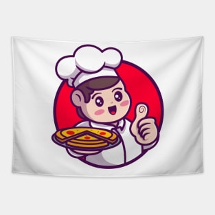 Cute Chef Serving Pizza Cartoon Tapestry