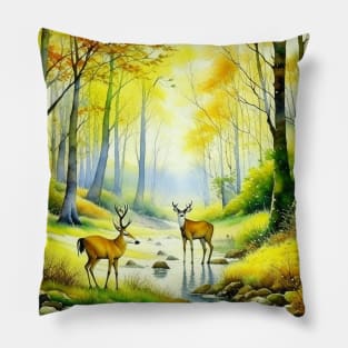 Deers In The Forest Watercolor Art Pillow