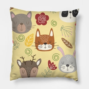 Woodland animals kids pattern yellow background Pillow