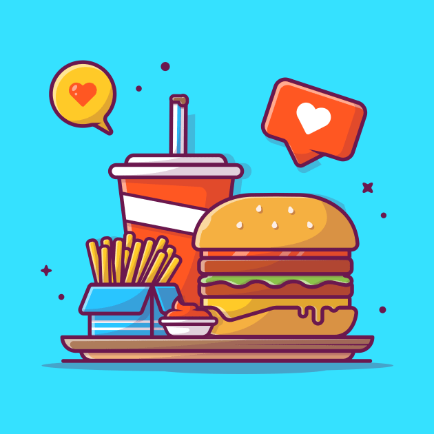 Burger, Soft Drink, French Fries, And Sauce With Love Bubble Speech Cartoon by Catalyst Labs