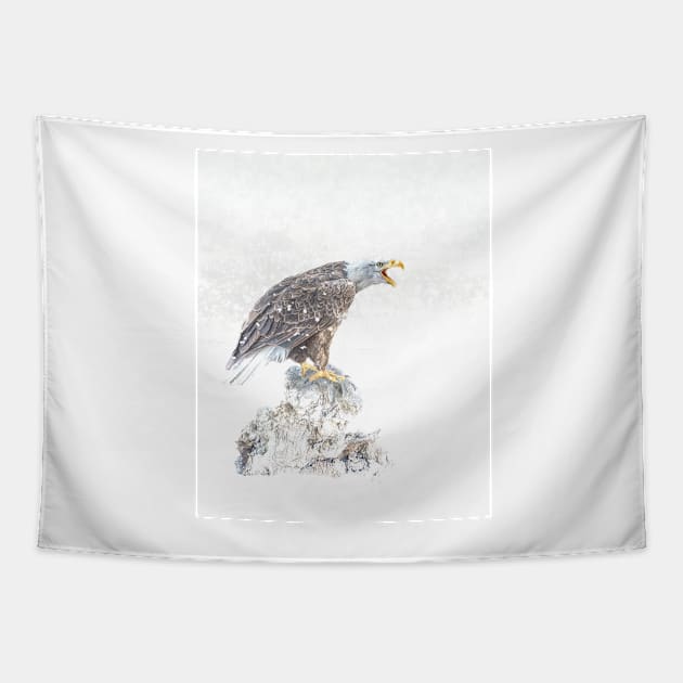 Bald eagle in snowstorm Tapestry by Tarrby