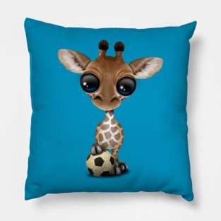 Cute Baby Giraffe With Football Soccer Ball Pillow