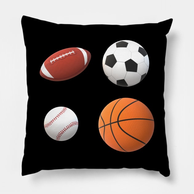 Team Sports Basketball, Football, Baseball and Soccer Ball for Sports Lovers, Fans and Players Pillow by Art By LM Designs 