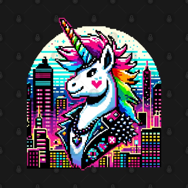 Neon Punk Unicorn in Pixelated Cityscape - Urban Fantasy Art by Pixel Punkster