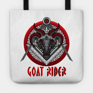 GOAT RIDER Black Baphomet Goat Head over Compass and Square in a Red Circle with a Red G Tote