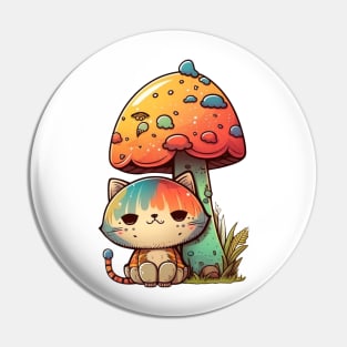 Psychedelic Cat Under Mushroom Cartoon Design Pin