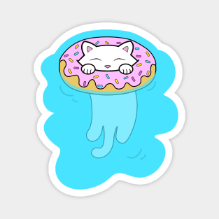 Cute white kitten swimming in a pool with water donut Magnet