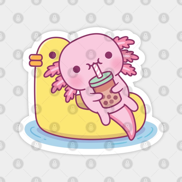 Cute Axolotl Chilling On Duck Pool Float Drinking Bubble Tea Magnet by rustydoodle