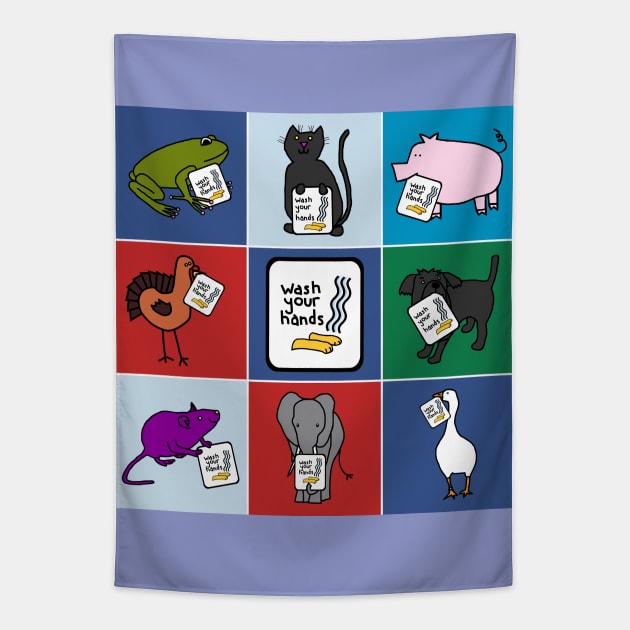 Cute Animals say Wash Your Hands Tapestry by ellenhenryart