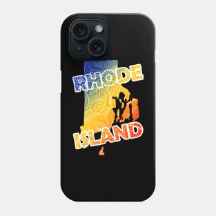 Colorful mandala art map of Rhode Island with text in blue, yellow, and red Phone Case