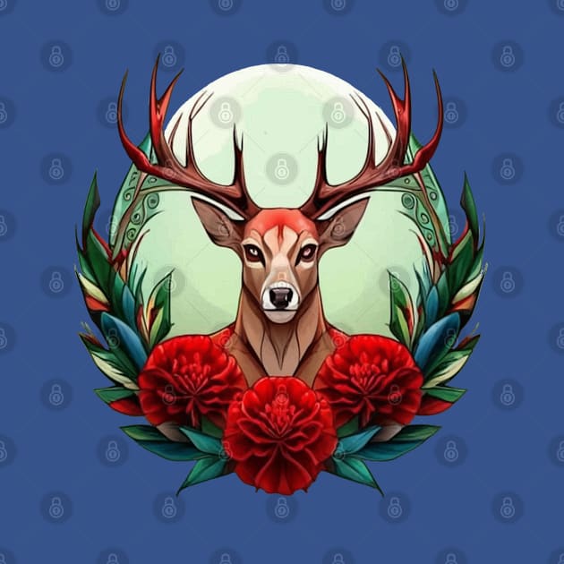 Ohio White Tailed Deer Surrounded By Red Carnations Tattoo Art by taiche