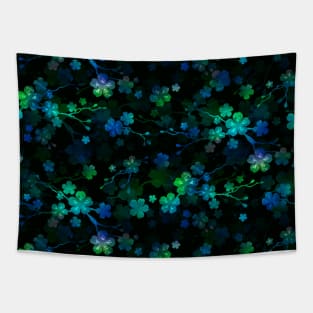 Bright Neon Green and Blue Cherry Blossom Flowers and Vines Tapestry