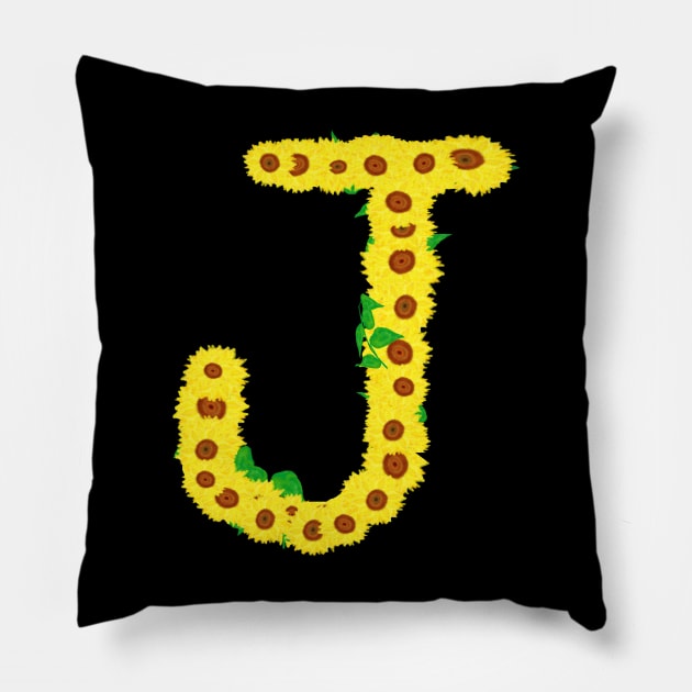 Sunflowers Initial Letter J (Black Background) Pillow by Art By LM Designs 