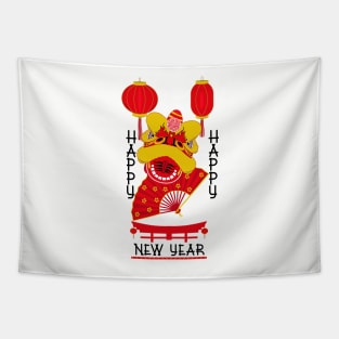 Happy Chinese New Year Dragon Head and Lanterns Tapestry