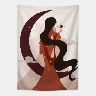 Celestial woman art, Moon art, Woman with long dark hair, Witchy aesthetic, Feminine art, Girl power Tapestry