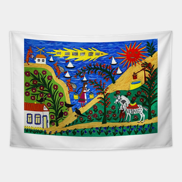 Maria Prymachenko, Wait Young Lady, Don’t Go too Fast, Give my Horse a Drink Tapestry by ZiggyPrint