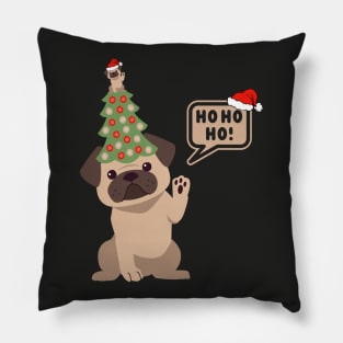 Cartoon Pug Dog with Christmas Tree on its Head Pillow