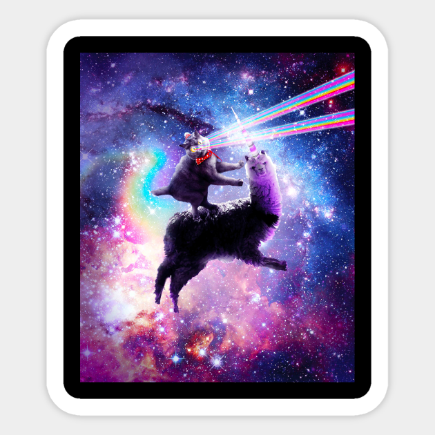 Laser Eyes Outer Space Cat Riding On Llama Unicorn - Cats - Sticker