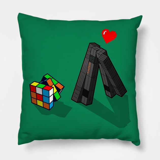 Interstellar Attraction Funny Sci-fi Movie Robot AI Meets Retro Toy Rubik's Cube Pillow by BoggsNicolas