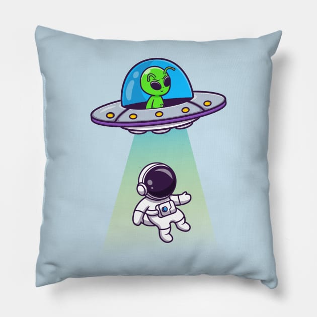 Cute Alien Spaceship UFO Invasion Astronaut Cartoon Pillow by Catalyst Labs