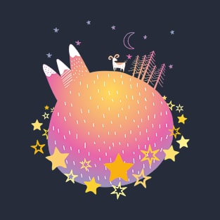 "Home Planet" in teal, pink, and yellow with a ring of yellow stars - a whimsical world T-Shirt