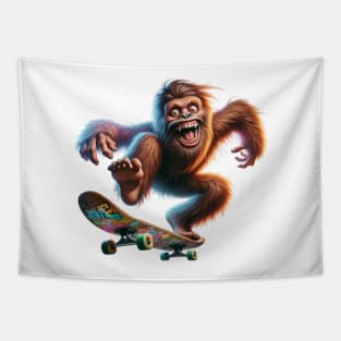 Sasquatch Skateboarding | Bigfoot Skating and Smiling on a Skateboard Tapestry