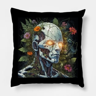 Cyborg with cracked head full of plants Pillow