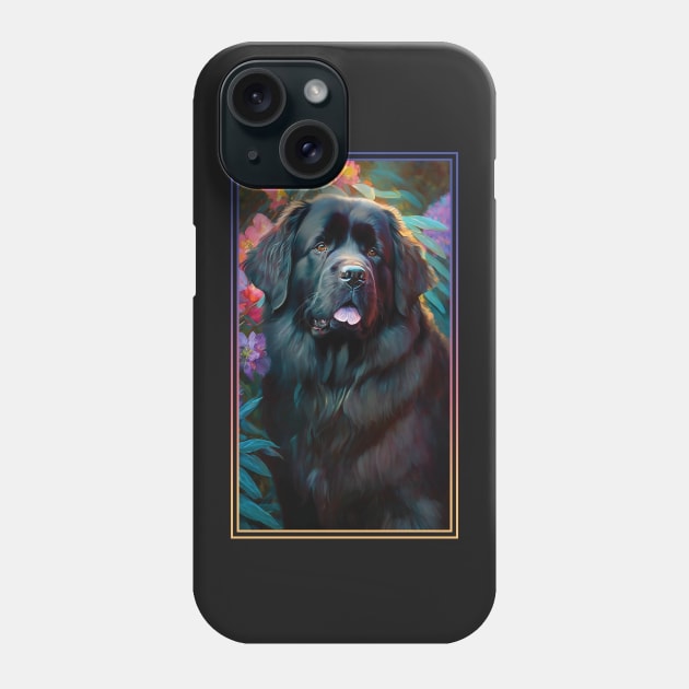 Newfoundland Dog Vibrant Tropical Flower Tall Digital Oil Painting Portrait Phone Case by ArtHouseFlunky