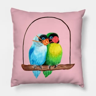 Lovebirds Wearing Face Masks Watercolor Pillow