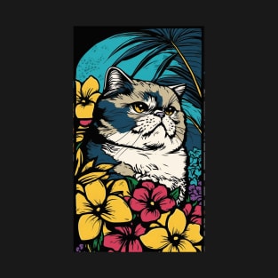 Exotic Shorthair Cat Vibrant Tropical Flower Tall Retro Vintage Digital Pop Art Portrait T-Shirt