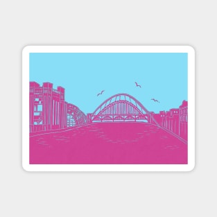 Bridges of NewcastleGateshead Quayside Linocut in Turquoise and Raspberry Magnet