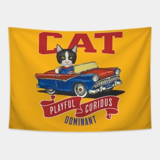 Funny cute kitty cat in a classic retro vintage car with red white and blue flags Tapestry