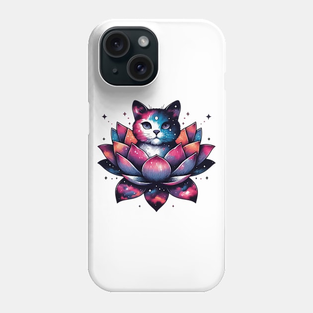 Colorful Abstract Cosmic Cat in Lotus Flower Phone Case by TomFrontierArt