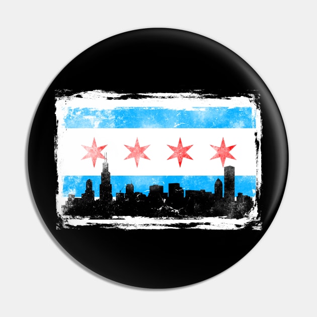 CHICAGO FLAG W/ WHITE BG - DISTRESSED Pin by SykoticApparel