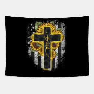 Cross Faith Sunflower American Flag Independence Day Gift Tapestry