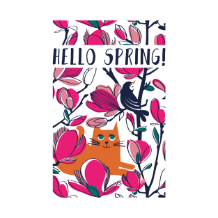 Hello Spring! // spot illustration with quote // orange tabby cat fuchsia pink Magnolia full bloom navy blue branches birds and lines T-Shirt