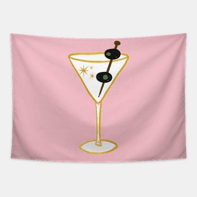 Glam Retro Faux Gold Martini Cocktail Drink Glass With two Black Olives Illustration Tapestry by LittleForest