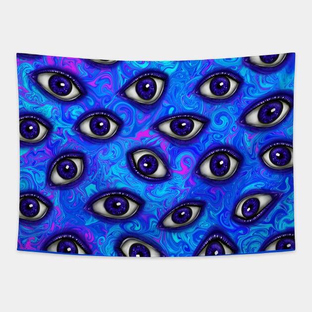 Trippy Psychedelic Blue Eyes on Vivid Bright Neon Blue Green Purple Turquoise Swirl Background Tapestry by galaxieartshop