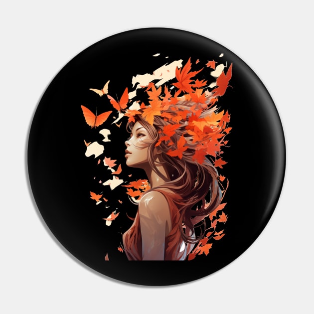 Girl With Butterflies And Leaves  in Her Hair Fall Girl Pin by Positive Designer