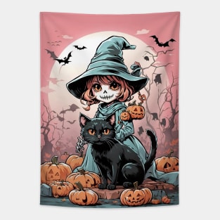 Cute Halloween zombie witch with black cat Tapestry
