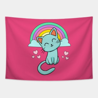 Cute Kitty Cat With Rainbow & Hearts Girls Tapestry