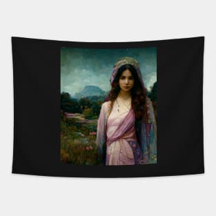 Mary Magdalene, Beautiful Woman, Silk Clothes, Surrounded by a Lush Natural Landscape, Pastel Colors, Mystic, Fantasy, Highly Detailed, Fineart Tapestry
