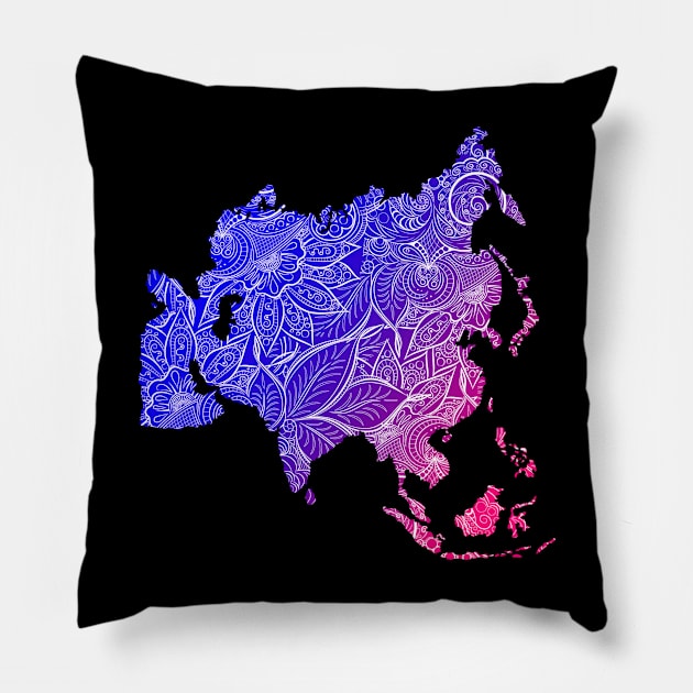 Colorful mandala art map of Asia with text in blue and violet Pillow by Happy Citizen