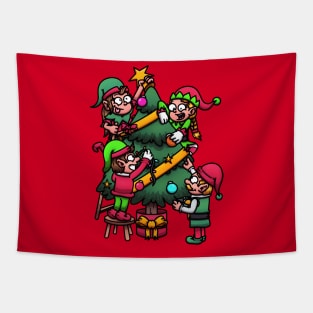 Christmas Elves Decorating Christmas Tree Cartoon Tapestry