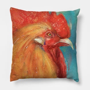 Orange Rooster Painting on Bluish Background - Vintage Style Pillow