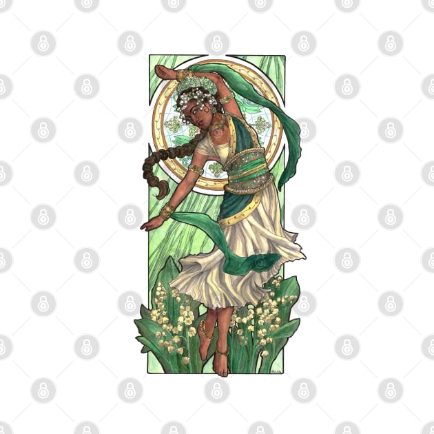 Lady of May with Lily of the Valley and Emerald Dancing Goddess Maiden Mucha Inspired Birthstone Series by angelasasser