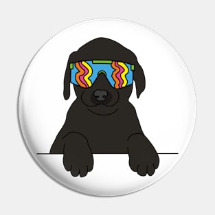 black Labrador puppy Dog wearing 80's skiing sunglasses Pin