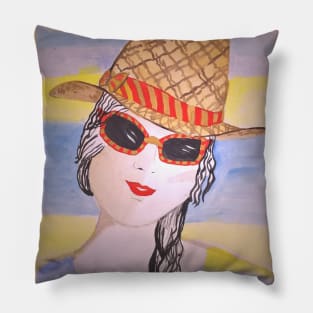 Beautiful girl in a straw hat. Pillow