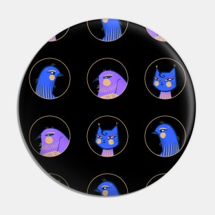 Two purple and blue male birds one blue lady cat, version 2 Pin