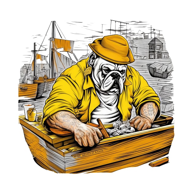 A Carpenter English Bulldog working on a wooden boat, surrounded by water and other boats in a busy by teestore_24